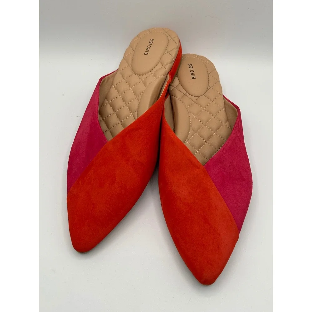 Birdies The Swan Mules Women Sz 8.5 Red Pink Suede Colorblock Pointed Toe Flats